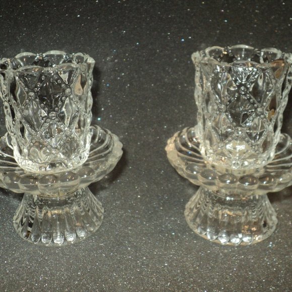 Vintage PartyLite Candle Holders Clear Quilted Crystal Set of 2, 4 Pieces P924 - Picture 2 of 5